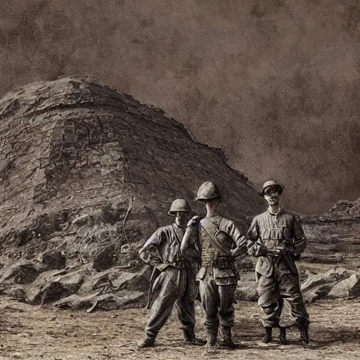 Prompt: ultra detailed photorealistic sepia - toned painting from 1 9 1 7, three british soldiers standing at an archaeological dig site in wadi rum, ultra realistic, painted, intricate details, lovecraft, atmospheric, dark, horror, brooding, highly detailed, by dave dorman