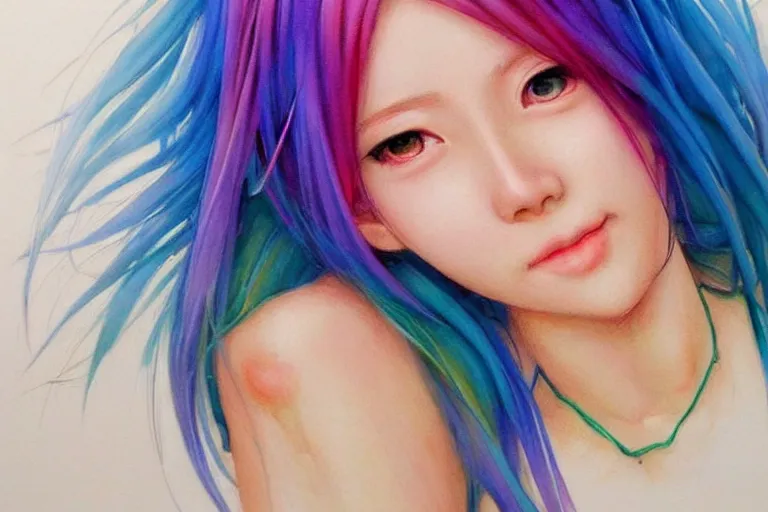 Image similar to Beautiful girl, rainbow hair, symmetrically, smiling, anime style, pixiv, pinterest anime, artist Steve Hanks, artist Alyssa Monks, endless summer art, artist WLOP artstation, artist Mam BA artstation, artist Arata Yokoyama, real photo, very detailed, realistic proportions, knowledge of anatomy, anatomy for beginners, true proportions of the face