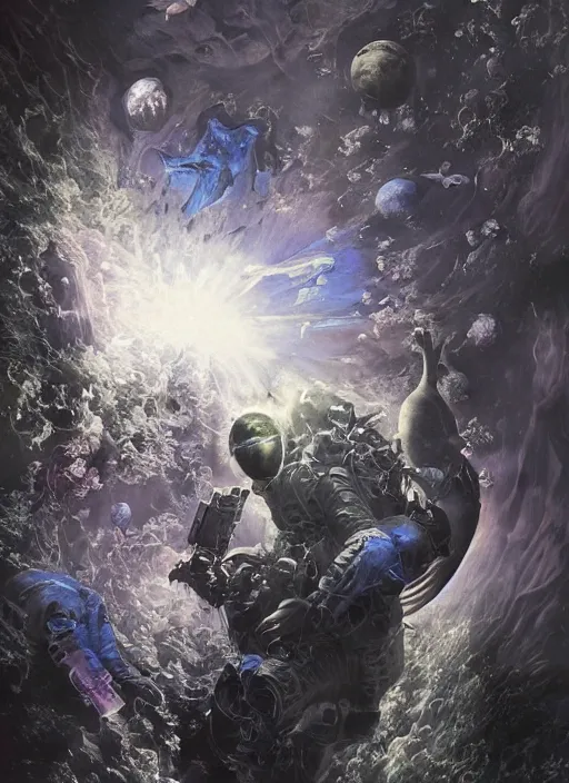 Image similar to astronauts in the dark infinite underwater void - complex and hyperdetailed technical suit, fabric material. reflection and dispersion materials. rays and dispersion of light. volumetric light. wide angle, f / 3 2. noise film photo. flash photography. ultra realistic, wide angle. poster by wayne barlowe, hajime sorayama aaron horkey, craig mullins