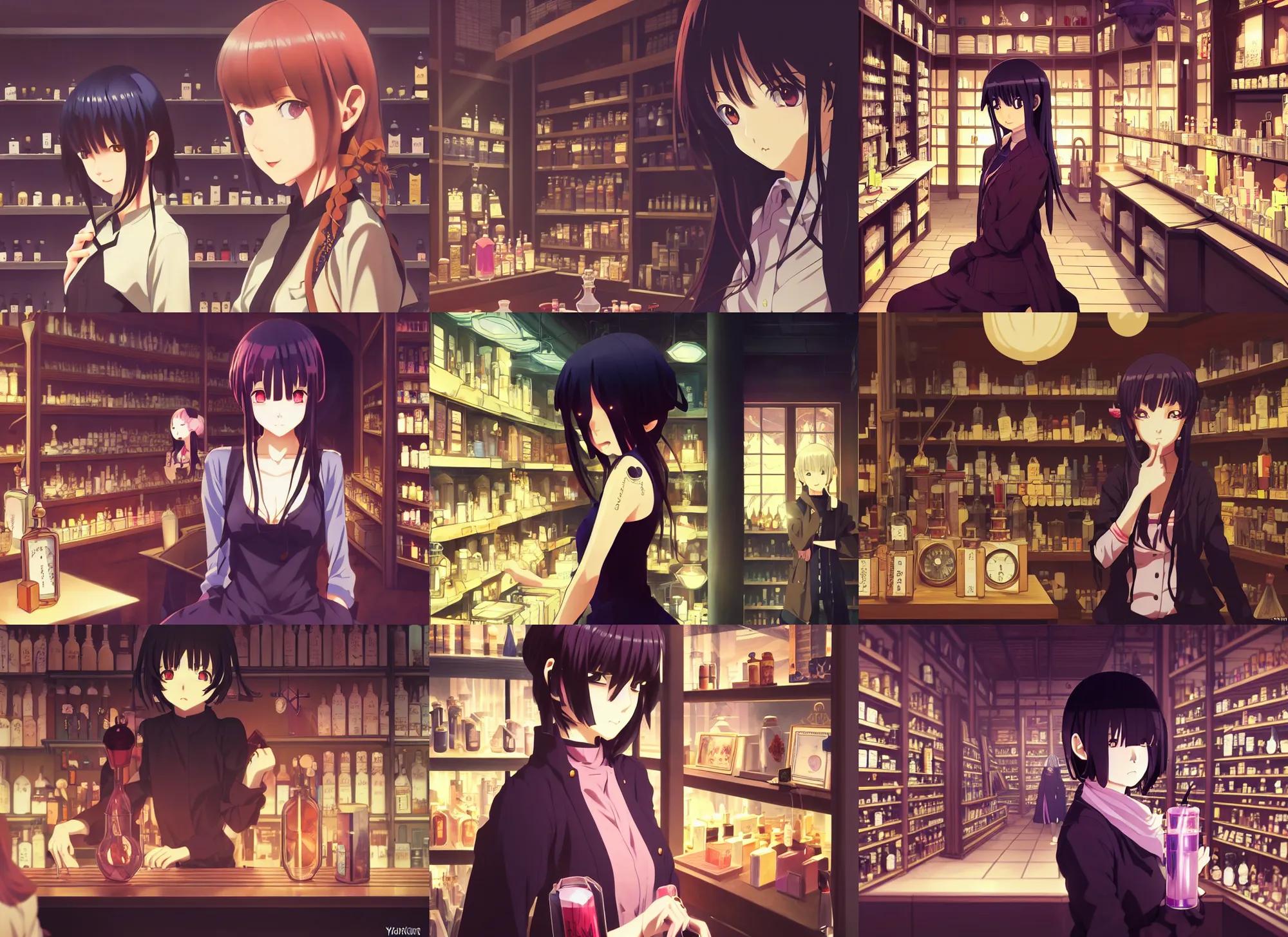 Prompt: anime visual, dark portrait of a young female traveler in a alchemist's potion shop interior shopping, low light, cute face by ilya kuvshinov, yoh yoshinari, makoto shinkai, dynamic pose, dynamic perspective, cel shaded, flat shading mucha, rounded eyes, moody, detailed facial features, bubblegum crisis