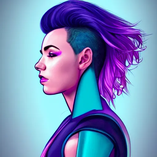 Prompt: a stunning upper body portrait of a beautiful young woman wearing futuristic navy blue and teal battle bodyarmor, ombre purple and pink hairstyle, hair blowing in the wind, hoop earrings, by marvel comics, digital art, trending on artstation