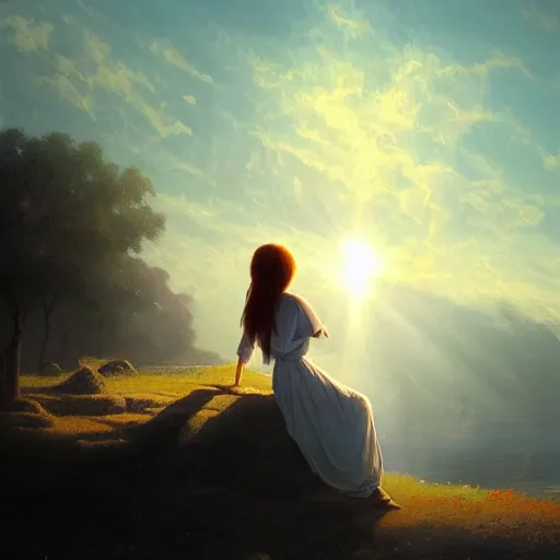 Prompt: a beautiful painting of a woman in a white cotton dress pondering life as she watches the sun set, nature, deviantart, fantasy art, sunrays shine upon it, deviantart, mystical, art style by claude joseph vernet and beeple