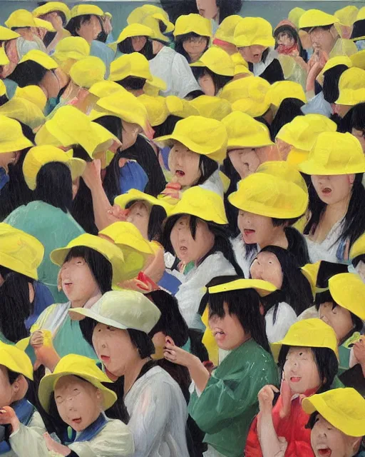 Image similar to a large crowd of plump screaming japanese pre-schoolers in yellow hats, faces wet with tears, slicktears flowing and fling, hyperrealistic oil painting, art in the style of ac-bu