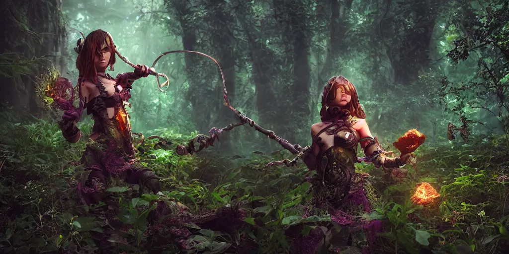 Prompt: knit female earth mage, high quality character design, action pose : : spotlight, magicpunk, biopunk, forestpunk, forest, mushrooms, high detail, 8 k, oled, shadows, reflections, digital art, official art, octane render, dynamic camera angle, unreal engine, dollpunk