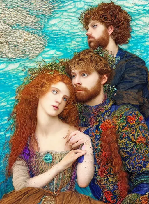 Prompt: detailed colourful masterpiece of intricate preraphaelite art novueau photography couple portrait sat down extreme closeup, love, inside an underwater train, detailed realistic expressions, wearing unusual clothes, ultra wide angle