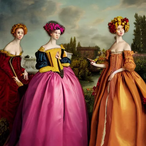 Prompt: group of skinny female artist wearing renaissance dresses, pink and gold flowers in the style of realism, cinematic, high octane render, tonalism, rococo, manga