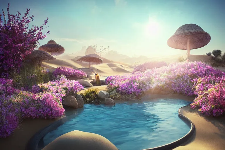 Prompt: perfume bottle buried flowers at a blurred background zen oasis hotspring by peter tarka in the middle of a desert with little flowers, soft lilac skies, silky smooth, dramatic, mid day, sand dune background, large scale, wind - swept, lots of detail, realistic lighting, octane render, by wlop, artgerm, trending on artstation