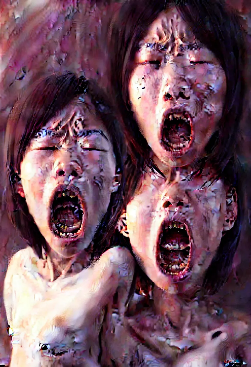 Image similar to beautiful render of a face, waist up portrait of a futuristic cute japanese teenage girl screaming in anger and frustration, intricate, elegant, highly detailed, digital painting, artstation, concept art, smooth, sharp focus, octane render, dramatic lighting, symmetry, symmetrical face, ONE FACE, headshot, art by greg rutkowski and wlop