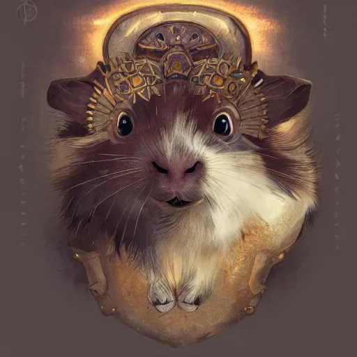 Prompt: A heraldic Prince Guinea Pig with big cute eyes, D&D, fantasy, intricate, cinematic lighting, highly detailed, digital painting, artstation, concept art, smooth, sharp focus, illustration, art by Akihiko Yoshida, Greg Rutkowski and Alphonse Mucha