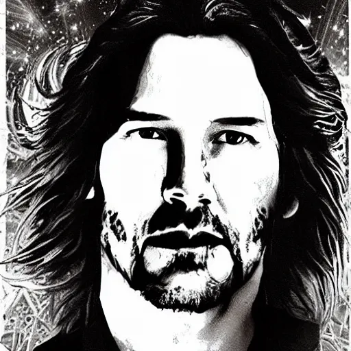 Image similar to black and white pen and ink!!!!!!! young handsome Keanu Reeves wearing cosmic space robes made of stars final form flowing royal hair golden!!!! Vagabond!!!!!!!! floating magic swordsman!!!! glides through a beautiful!!!!!!! liquid magic floral crystal battlefield dramatic esoteric!!!!!! Long hair flowing dancing illustrated in high detail!!!!!!!! by Moebius and Hiroya Oku!!!!!!!!! graphic novel published on 2049 award winning!!!! full body portrait!!!!! action exposition manga panel black and white Shonen Jump issue by David Lynch eraserhead and beautiful line art Hirohiko Araki!! Rossetti, Millais, Mucha, Jojo's Bizzare Adventure