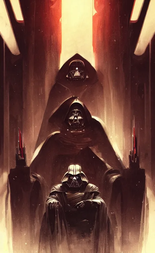 Image similar to « beautiful comic style portrait of sith lord on the throne by greg rutkowski, very detailed »