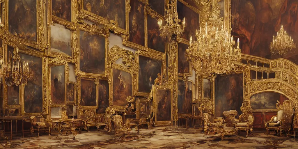 Prompt: 8k highly detailed oil matte painting by Charles Landelle of an art gallery wall with many oil paintings, decadent throne room, ornate furniture, ornate French architecture, futuristic chandeliers