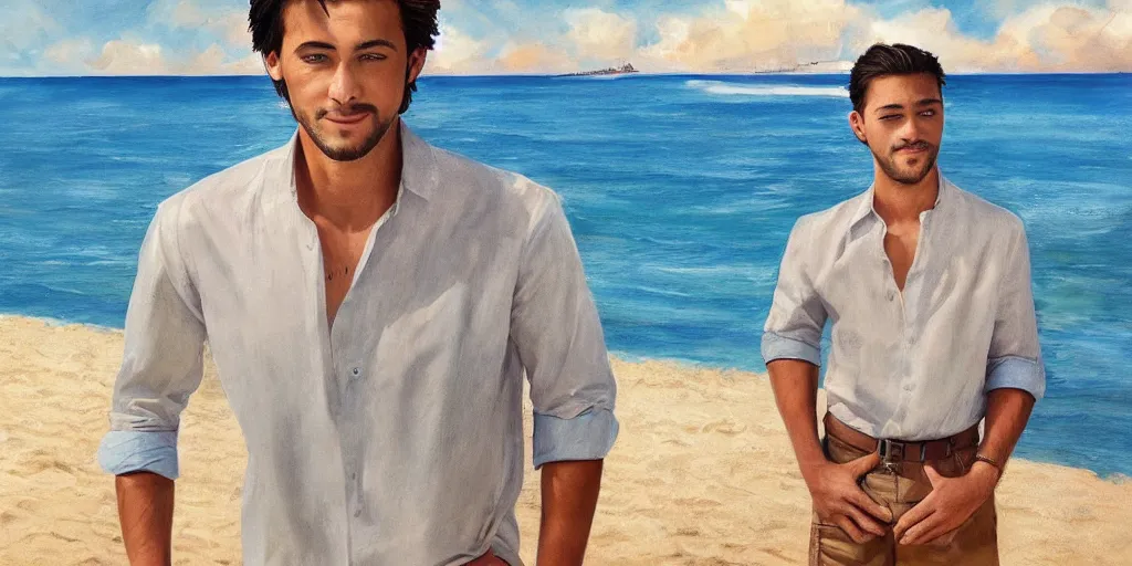 Image similar to a handsome guy is standing tall, in a beautiful shirt, with the beach, sea, sun, rays in the background? super detail, one character