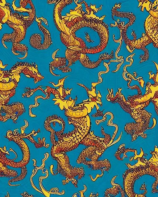 Prompt: an ornate dragon dancing repeating versace pattern, digital art, illustrated by james gurney and victo ngai