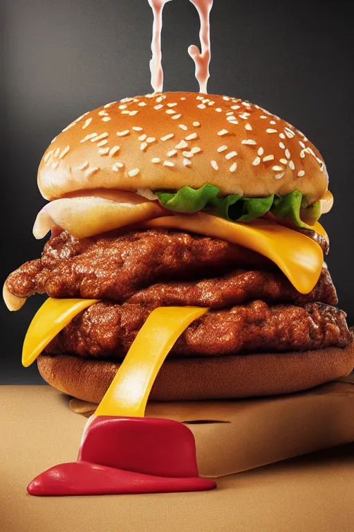 Image similar to mcdonalds hamburger smashed by a giant fist, commercial photography