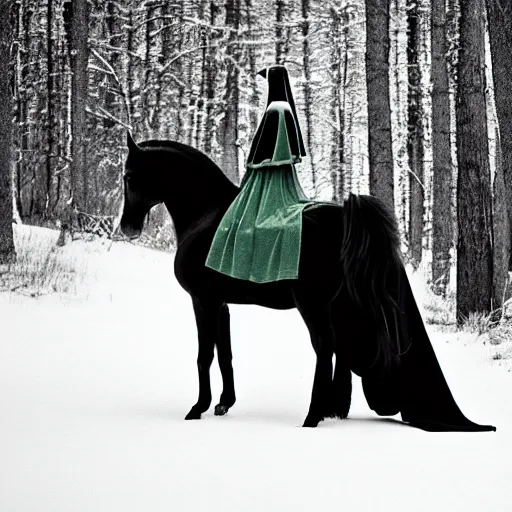 Prompt: Medieval woman princess rider in vintage cloak cape riding a black wild horse. Background green trees spruce forest, spring winter nature melted snow , Kodak TRI-X 400, melancholic