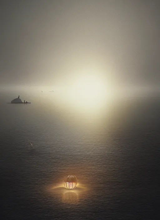 Prompt: Lighting sphere across the sea, Artstation, Confident, fog, rain, volumetric lighting, beautiful, golden hour, sharp focus, ultra detailed, cgsociety by Leesha Hannigan, Ross Tran, Thierry Doizon, Kai Carpenter, Ignacio Fernández Ríos, noir art house, 4k, 35mm, fujifilm