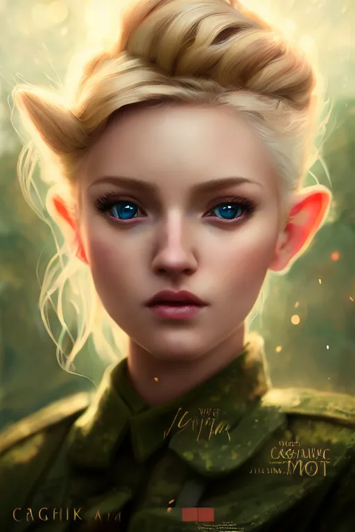 Image similar to cinematic shot of an epic portrait of a cute blonde fairy dressed in military clothes, stylised military clothes, shiny skin, beautiful eyes, beautiful, small details, night setting, realistic poster with volumetric light from craig mallism, artgerm, jeremy lipkin and michael garmash, unreal engine, radiant light, digital art, trends at art station, a masterpiece