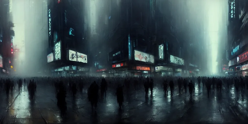 Image similar to beautiful painting by jeremy mann, large crowd in a cyberpunk street, still from blade runner movie, desaturated, oil painting, perfect composition, detailed octane render trending on artstation, volumetric fog, ominous, unsettling, 8 k artistic photography, volumetric cinematic perfect light