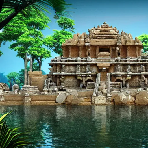 Image similar to 4 k unreal engine render of an ancient never seen before indian high detail temple islands. complex architecture with intricate pilars. high detailed water. jungle background. afternoon light. hyper realistic render, trending on art station