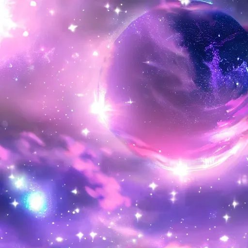 Image similar to anime style hd wallpaper of outer space horizon, glittering stars scattered about, lilac colors