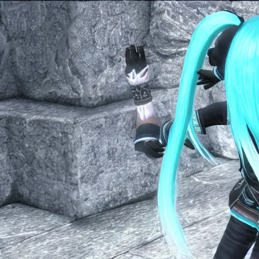 Image similar to hatsune Miku in Skyrim, game screenshot