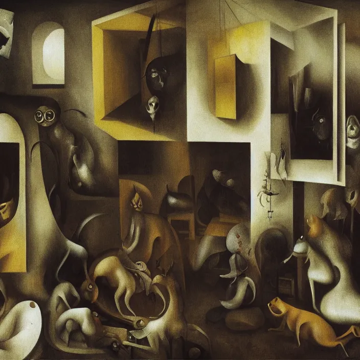 Prompt: group of creatures with distinct personalities, in an urban hotel room, close - up of the faces : : surreal architecture, chiaroscuro lighting, mysterious atmosphere : : oil painting by leonora carrington, hieronymus bosch and edward hopper, ultra - detailed technical precision : : matte painting, high definition, octane render, unreal engine, 8 k