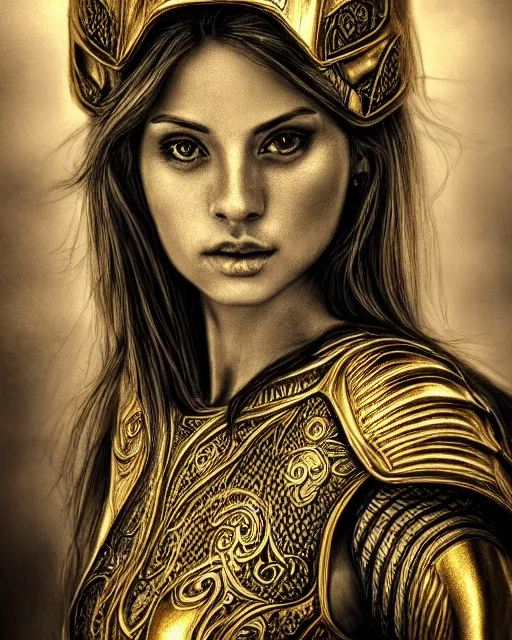 Image similar to pencil sketch portrait of woman in shining golden armor, high production value, intricate details, high resolution, hdr, high definition, masterpiece, realistic, ultrarealistic, highly detailed, hd, sharp focus, non blurry, sharp, smooth