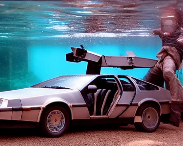 Prompt: doc brown and the delorean underwater