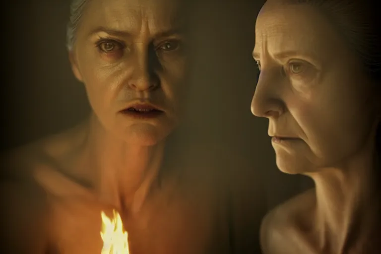 Prompt: an ultra realistic, cinematic, fantasy, portrait, of a woman, looking in mirror at older self, fire, dramatic, soft light, dreamy, facial features, stood in a cell, with prison clothing, detailed, deep focus, movie still, dramatic lighting, ray tracing, by michal karcz and yoshitaka