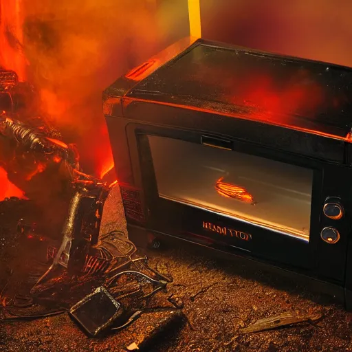 Image similar to toaster oven mecha head, dark messy smoke - filled cluttered workshop, dark, dramatic lighting, orange tint, sparks, cinematic, highly detailed, sci - fi, futuristic, movie still