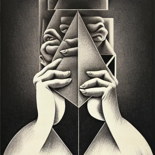 Prompt: lithography on paper secret artefact conceptual figurative post - morden monumental dynamic portrait by goya and escher and hogarth, inspired by magritte, illusion surreal art, highly conceptual figurative art, intricate detailed illustration, controversial poster art, polish poster art, geometrical drawings, no blur