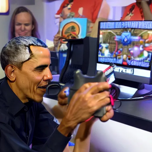 Prompt: barack obama playing video games