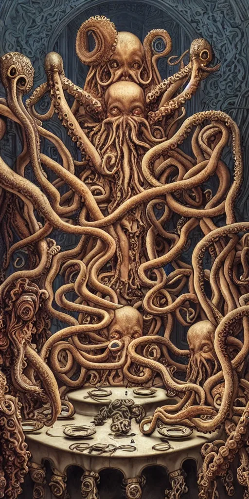 Image similar to group of mages in human bodies with octopus or medusa heads sitting near the table and arguing in an ancient mage castle with enormous scale, gothic and baroque, brutalist architecture, ultradetailed, Intricate by James Jean and Josan Gonzalez and John Howe and Giuseppe Arcimboldo
