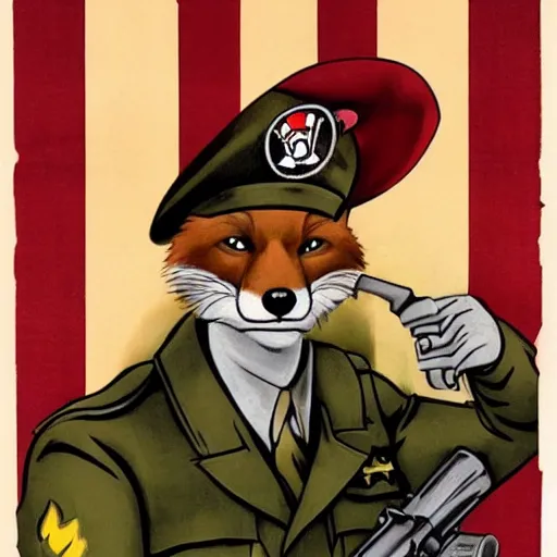 Image similar to fox animal dressed as a soldier in the style of a ww 2 propaganda poster