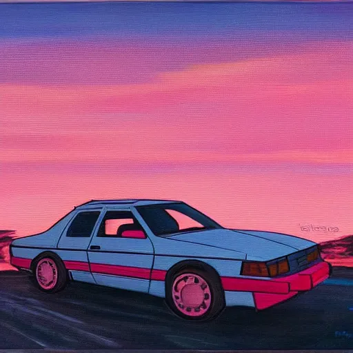 Image similar to an old 1 9 8 0 s car parked off the road, sunset, ocean in distance, pink, oil painting, pale colors, high detail, 8 k, wide angle, trending on artstation,