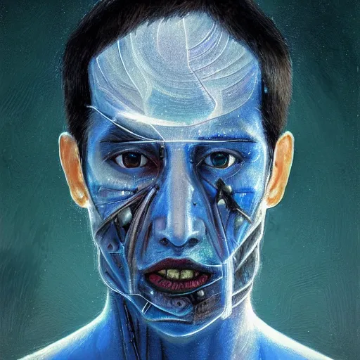 Image similar to surreal portrait of a man by Greg Rutkowski, symmetrical face, he is about 30 years old, short black hair with bangs, his features are a mix between French, Turkish and Russian, transformed into a kind of biomechanical transhuman god, blue glowing eyes, uncany but fascinating, expression of epiphany and determination, cosmic void background, frightening, fascinating, highly detailed portrait, digital painting, book cover, artstation, concept art, smooth, sharp foccus ilustration, Artstation HQ