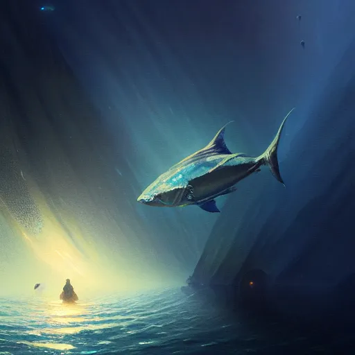 Image similar to i am at the bottom of the ocean looking up, see fishes swimming, the milk way up above, night time, midnight. highly detailed painting by, greg rutkowski 8 k