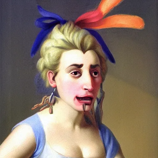 Image similar to helga pataki's teeth, soft rainbow light, painting by jacques-louis david, sad muppet eyes