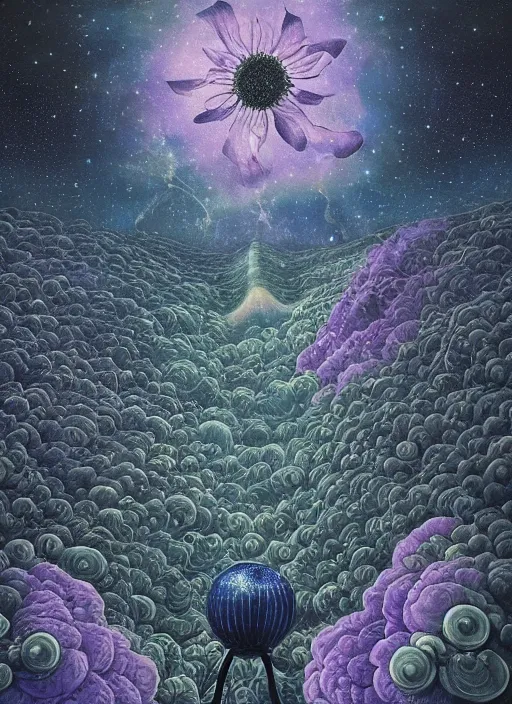 Image similar to detailed, intricate blue black and purple papaverum flower on the field, nebula, galaxy in the sky, winning award masterpiece, fantastically beautiful, illustration, aestheticly inspired, jacek yerka, upscale with anguissola sofonisba work, artstation, 8 k