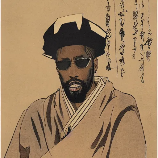 Image similar to RZA rapping, portrait, style of ancient text, hokusai