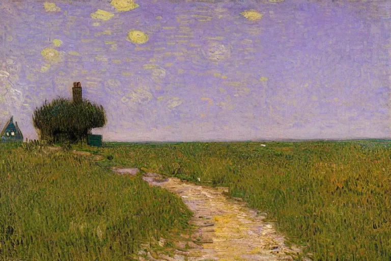 Prompt: A small house, a narrow path, prairie and sea, James Gurney, Greg Rutkowski, Monet and van Gogh, artstation, purple color scheme, yellow color scheme