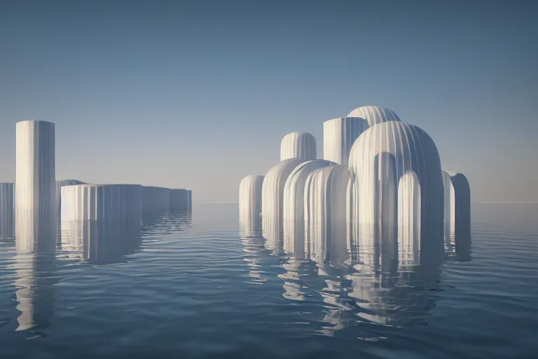 Image similar to 2 0 white round egg shaped buildings intersect and depend on each other to form a post - modern building, by pierre bernard, on the calm lake, people's perspective, future, interior wood, dusk, unreal engine highly rendered, global illumination, radial light, internal environment