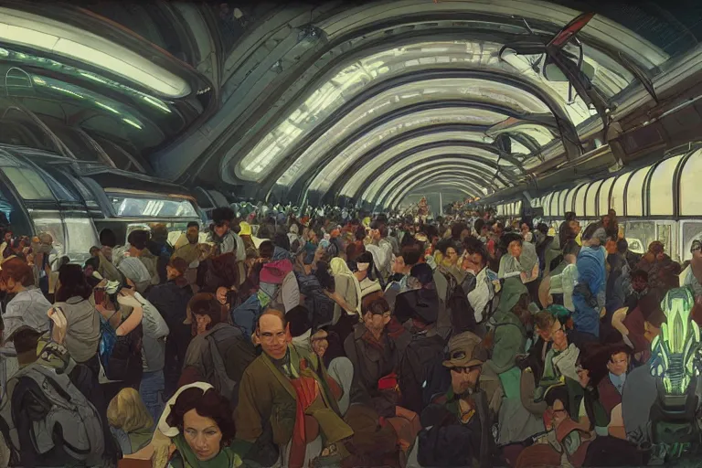 Image similar to subway mayhem as people rush to get on thespace shuttle, futuristic, sci fi, 1950, highly detailed, digital painting, artstation, concept art, smooth, sharp focus, illustration, art by alphonse mucha