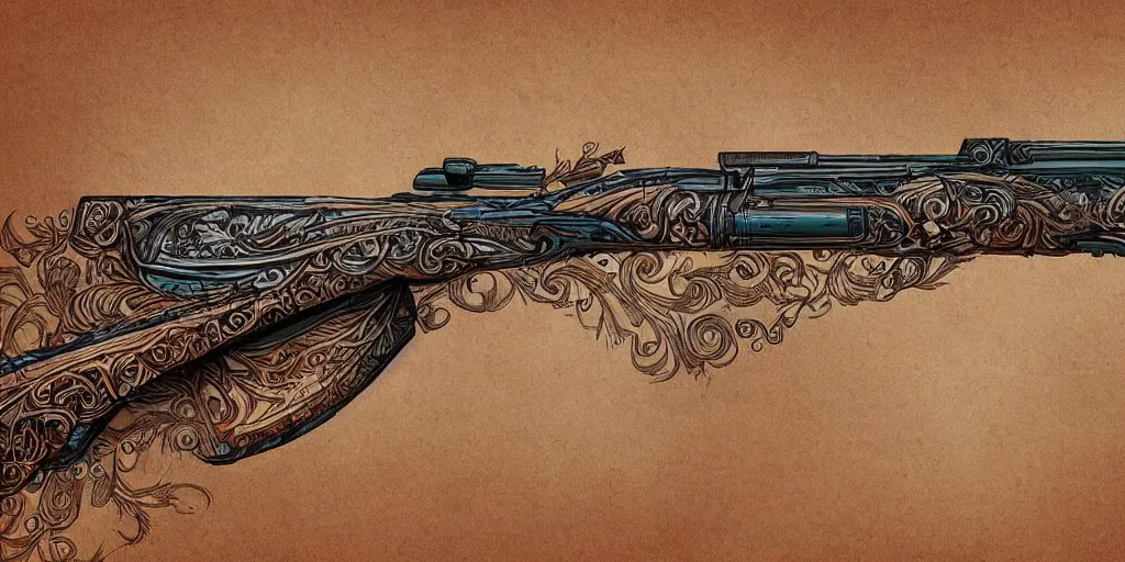 Image similar to a magic shotgun made out of wood, glowing in power, digital art, intricate details, professional