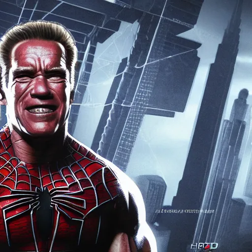 Image similar to Arnold Schwarzenegger as spiderman terminator , muscle extremely detailed, fantastic details full face, mouth, trending on artstation, pixiv, cgsociety, hyperdetailed Unreal Engine 4k 8k ultra HD, WLOP