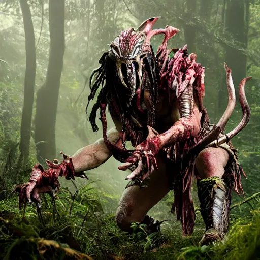 Image similar to High Fantasy Predator from the movie Predator in the forest plains of north yorkshire, 4k