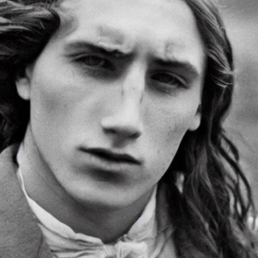 Prompt: Close-up of a handsome and utterly terrified young man on the verge of panic tears with long hair cornered with his back against a stone wall. He is wearing a 1930s attire. He looks utterly panicked and distressed and is trying to protect himself from an assailant. Looking straight at camera