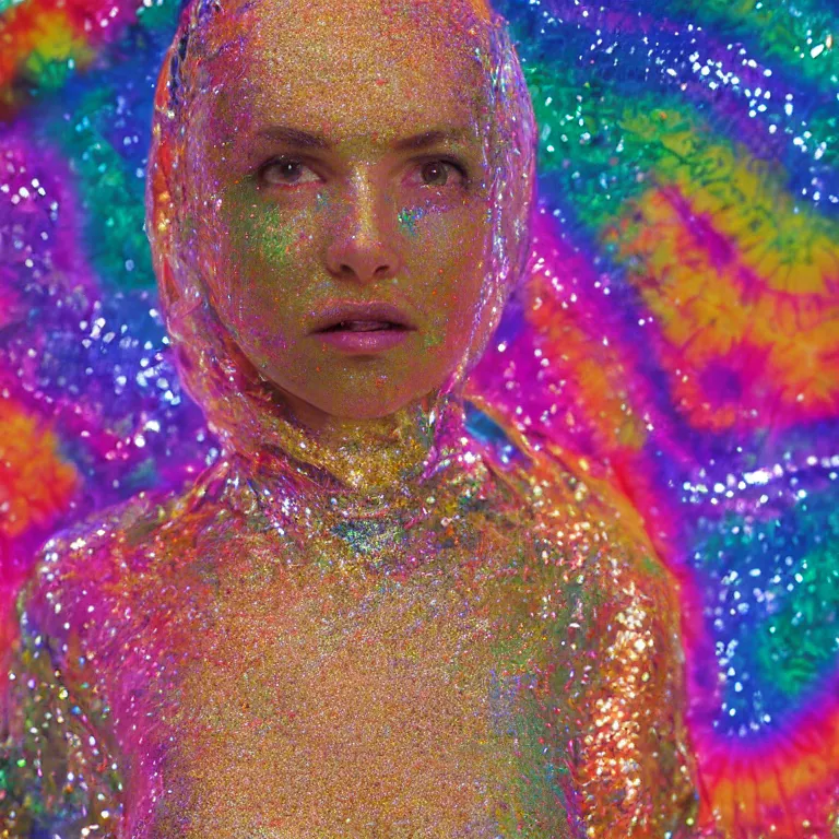 Image similar to octane render portrait by wayne barlow and carlo crivelli and glenn fabry, a woman wearing a clear plastic suit full of colorful thick fluid full of glitter, standing in front of a giant sheet of tie - dye aluminum foil, cinema 4 d, ray traced lighting, very short depth of field, bokeh