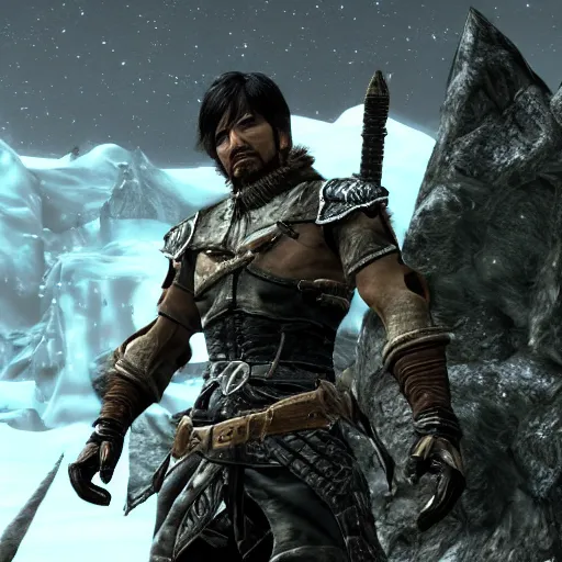 Prompt: Screenshot of Hideo Kojima in Skyrim